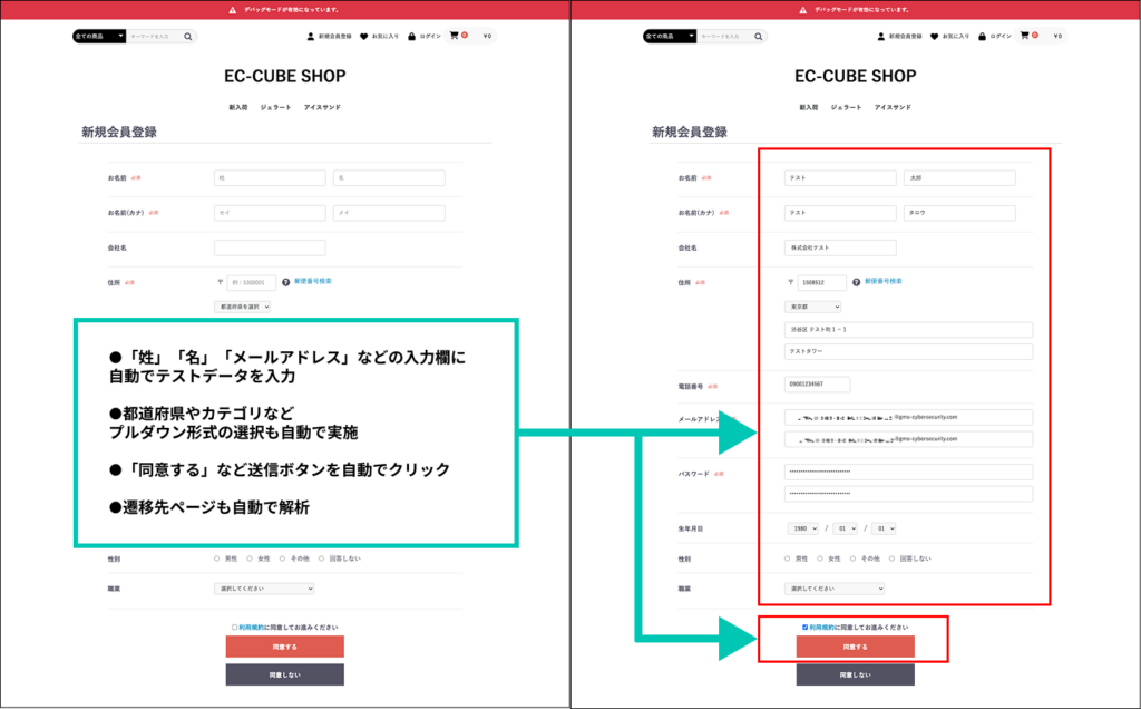 新規会員登録フォームの自動入力・送信機能の動作イメージ